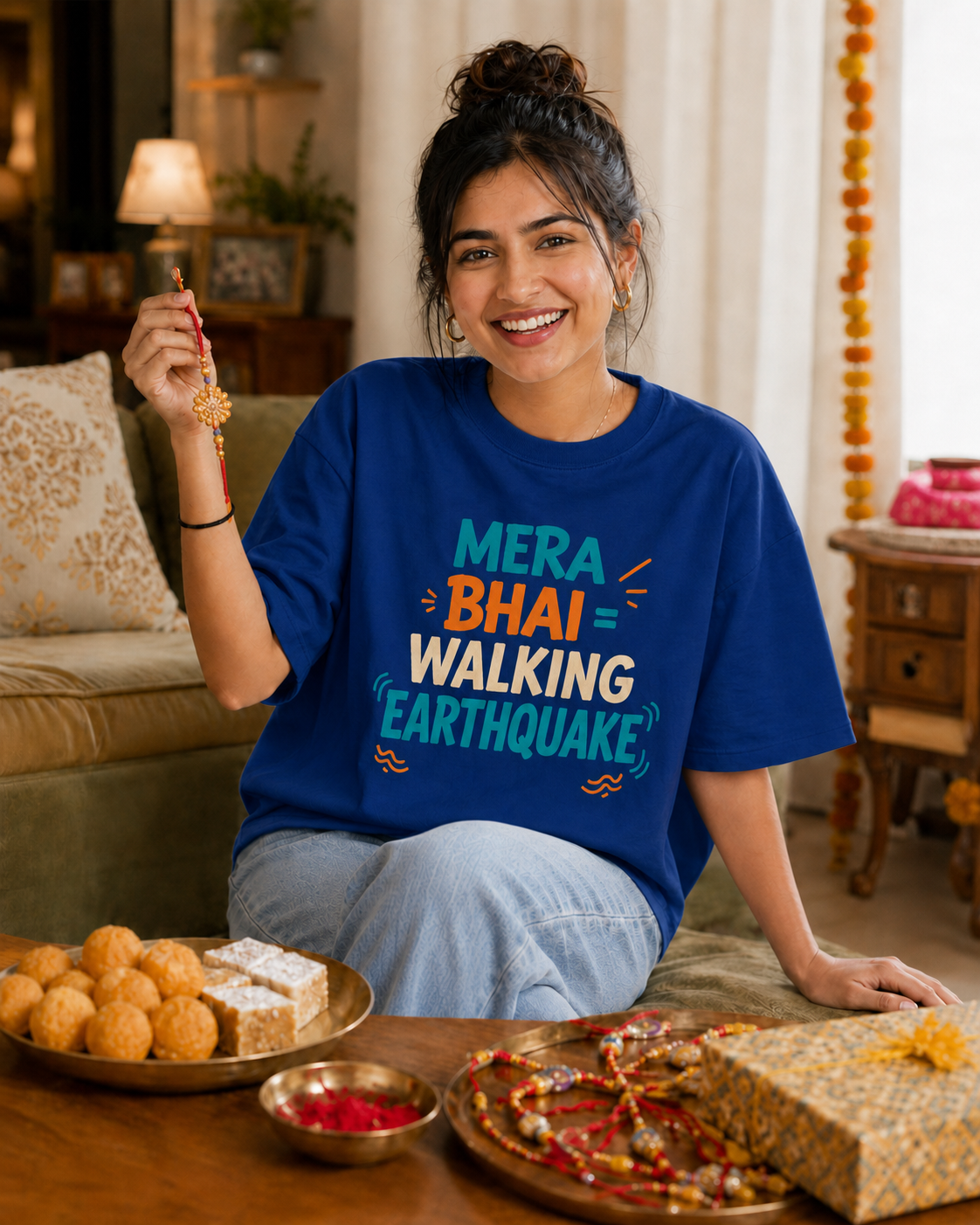 Mera Bhai Walking Earthquake / Meri Behen Nonstop Drama Personalised Unisex T-Shirt - Oversized - product gallery