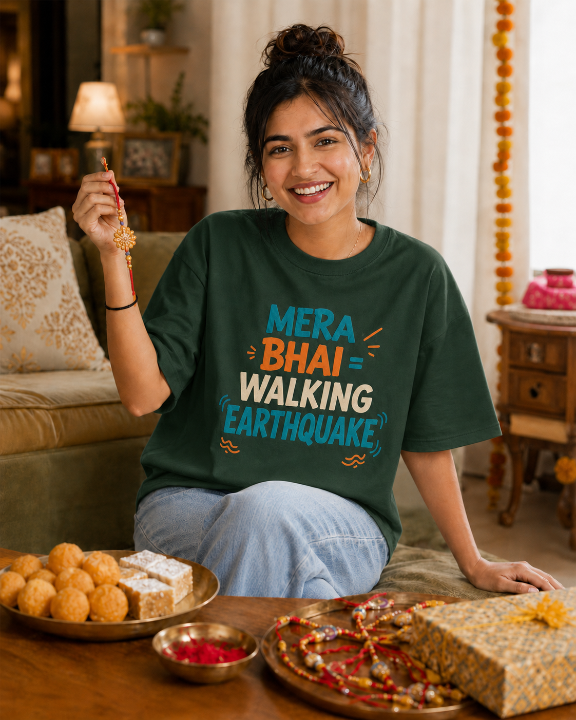 Mera Bhai Walking Earthquake / Meri Behen Nonstop Drama Personalised Unisex T-Shirt - Oversized - product gallery