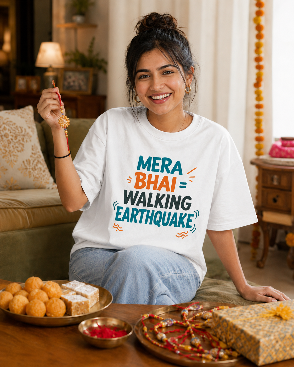 Mera Bhai Walking Earthquake / Meri Behen Nonstop Drama Personalised Unisex T-Shirt - Oversized - product gallery