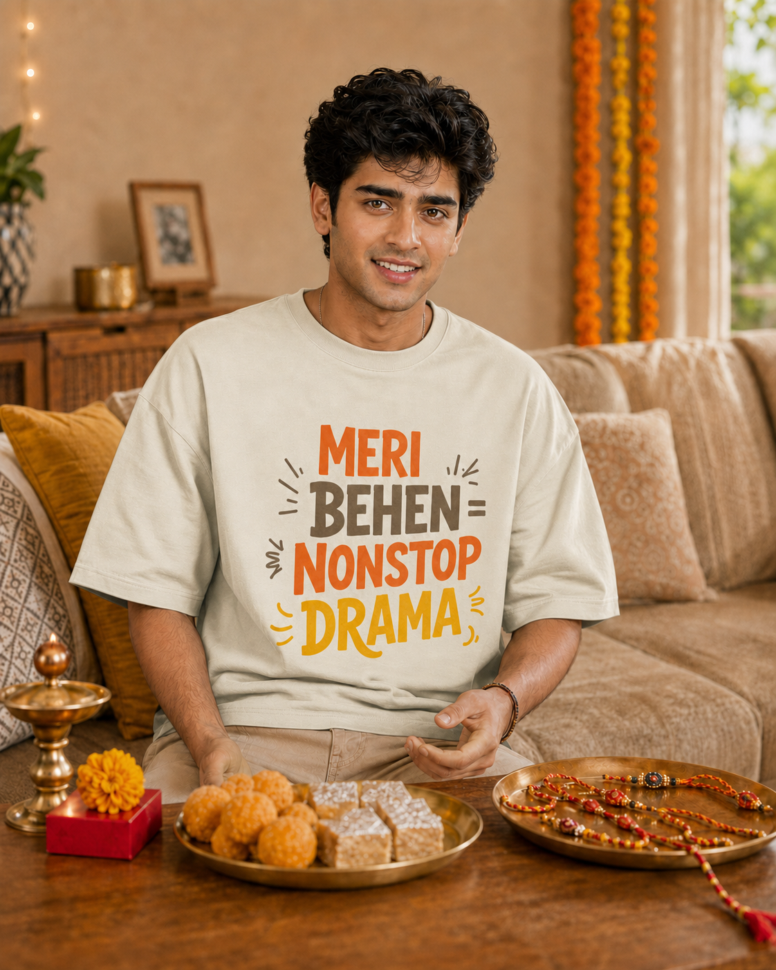 Mera Bhai Walking Earthquake / Meri Behen Nonstop Drama Personalised Unisex T-Shirt - Oversized - product gallery
