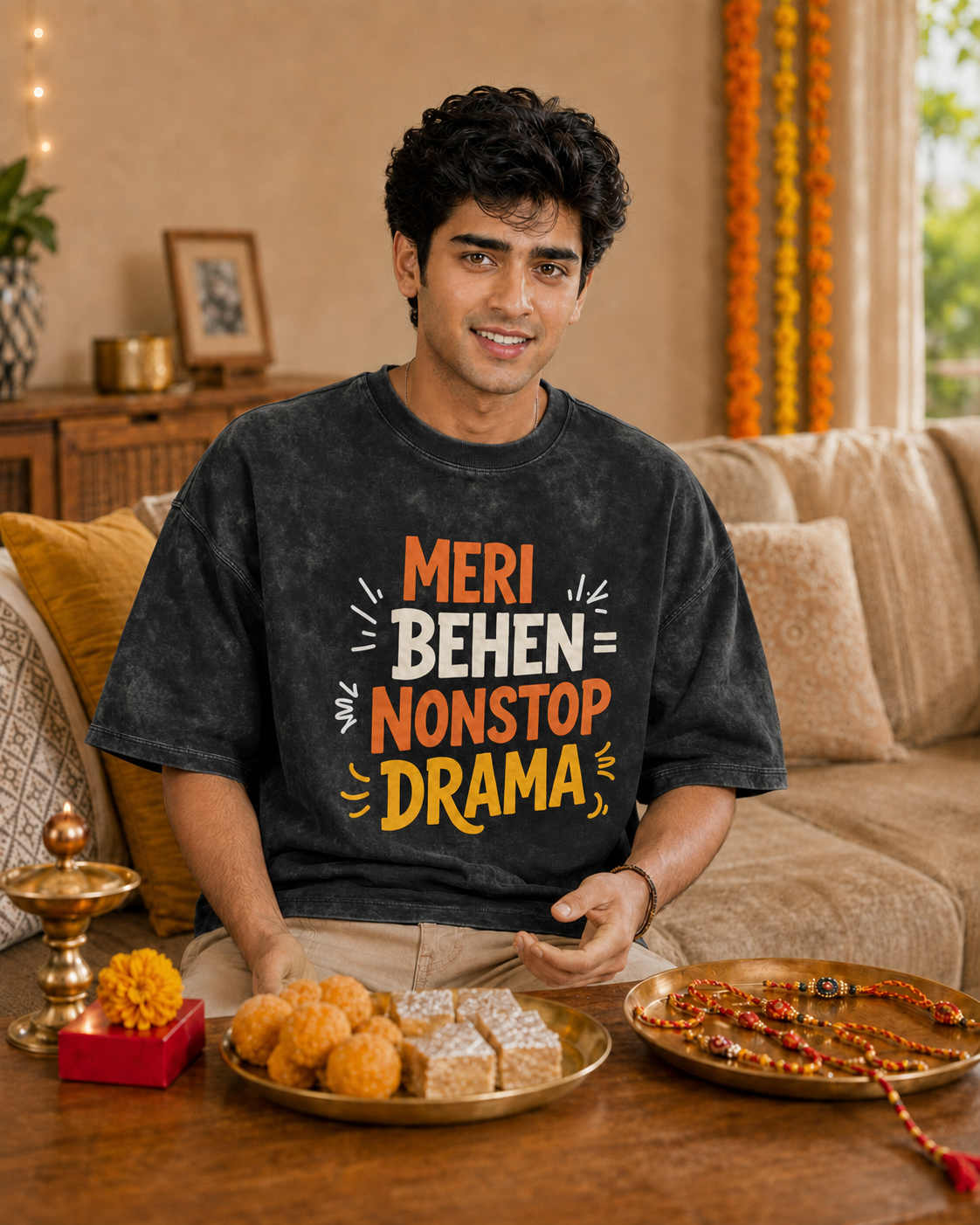 Mera Bhai Walking Earthquake / Meri Behen Nonstop Drama Personalised Unisex T-Shirt - Oversized - product gallery