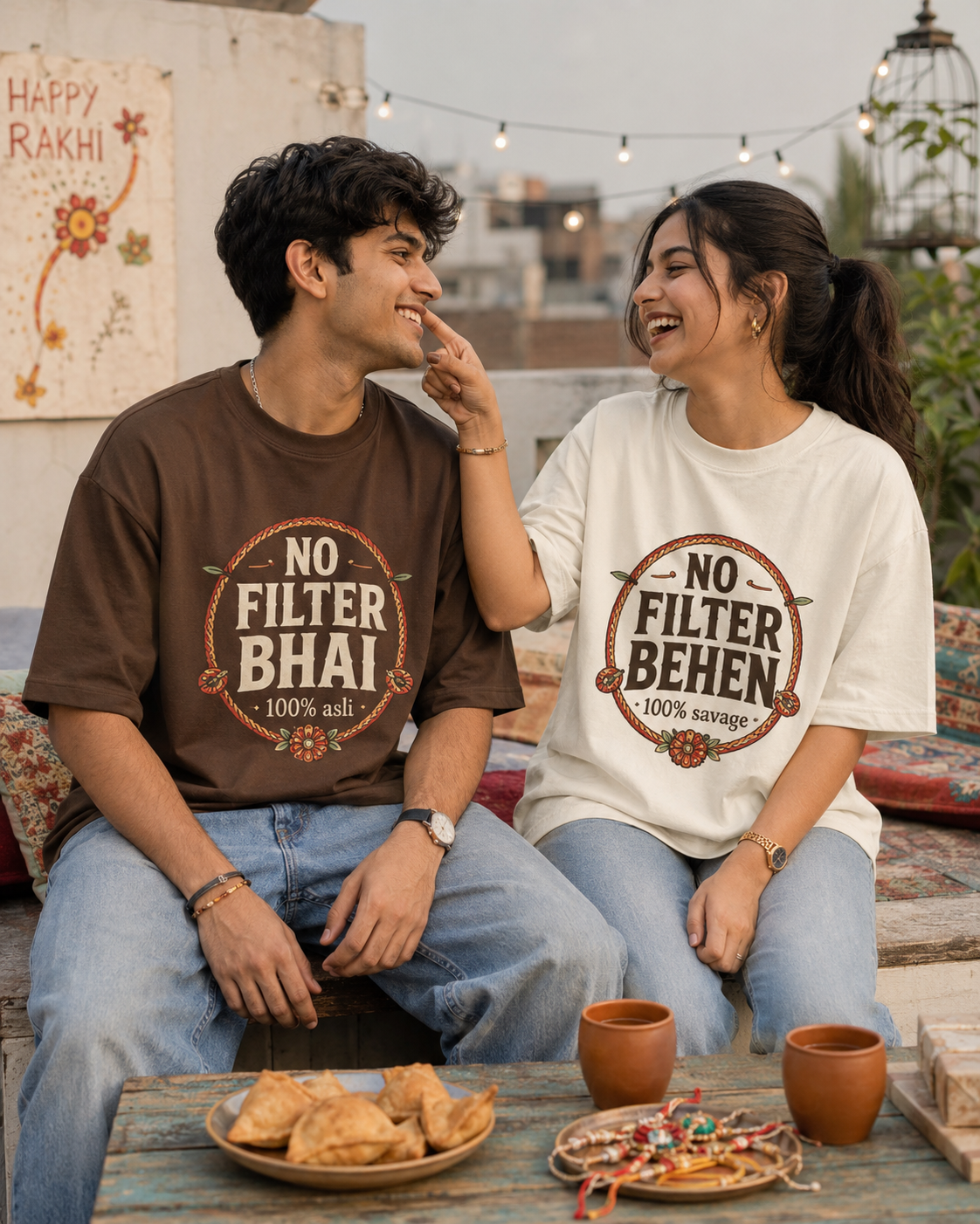 No Filter Bhai / Behen Personalised Unisex T-Shirt - Oversized - Off White & White - sibling pair