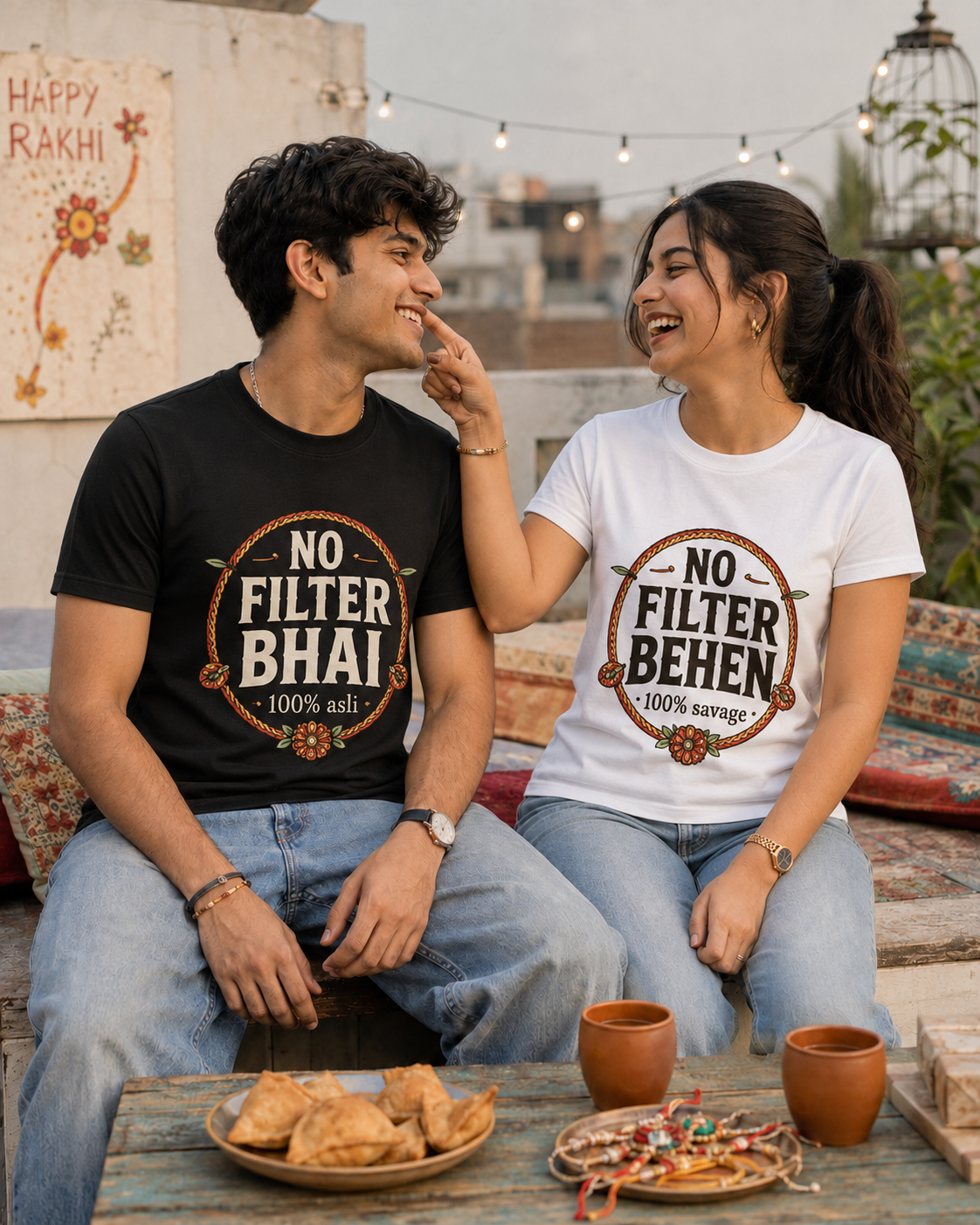 No Filter Bhai / Behen Personalised Unisex T-Shirt - Regular Fit - White & Black - sibling pair