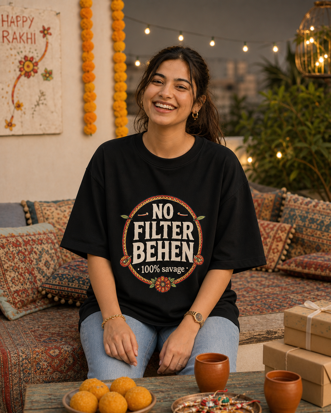 No Filter Bhai / Behen Personalised Unisex T-Shirt - Oversized - Off White & Black & White - product gallery