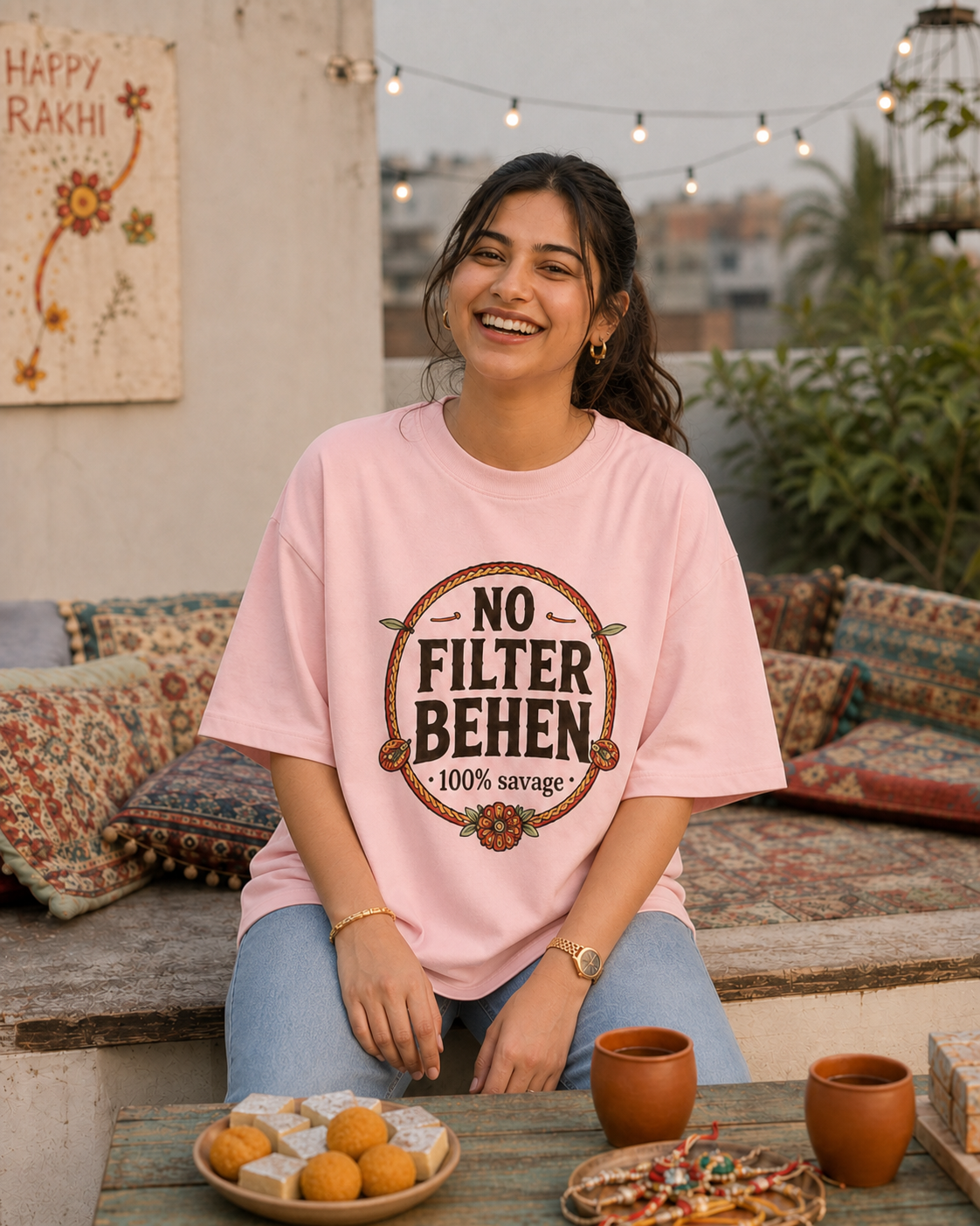 No Filter Bhai / Behen Personalised Unisex T-Shirt - Oversized - Baby Pink & Off White & White - product gallery