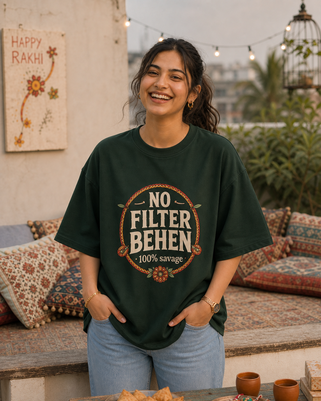 No Filter Bhai / Behen Personalised Unisex T-Shirt - Oversized - Bottle Green & Off White & White - product gallery