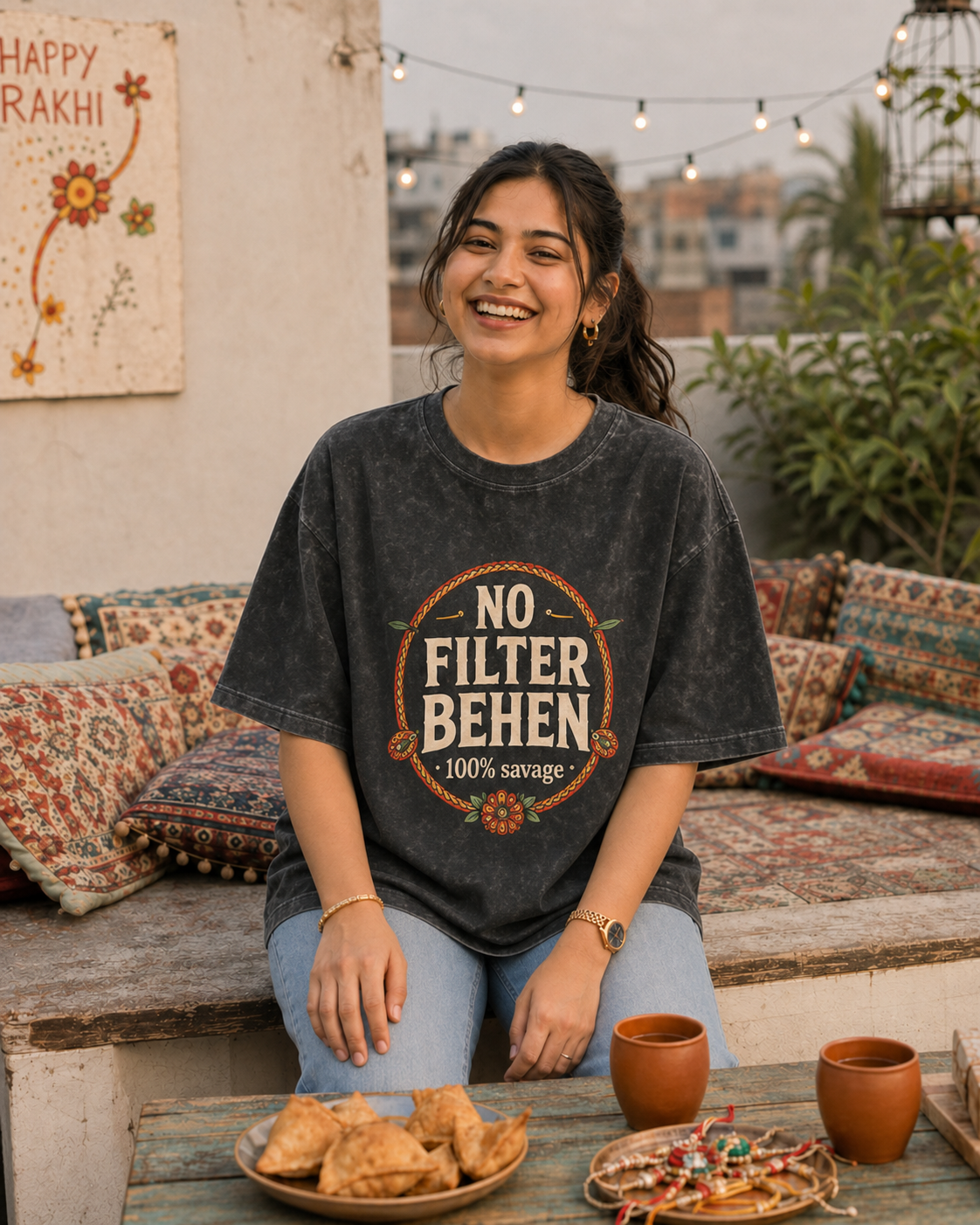 No Filter Bhai / Behen Personalised Unisex T-Shirt - Oversized - Charcoal Acid Washed & Off White & White - product gallery