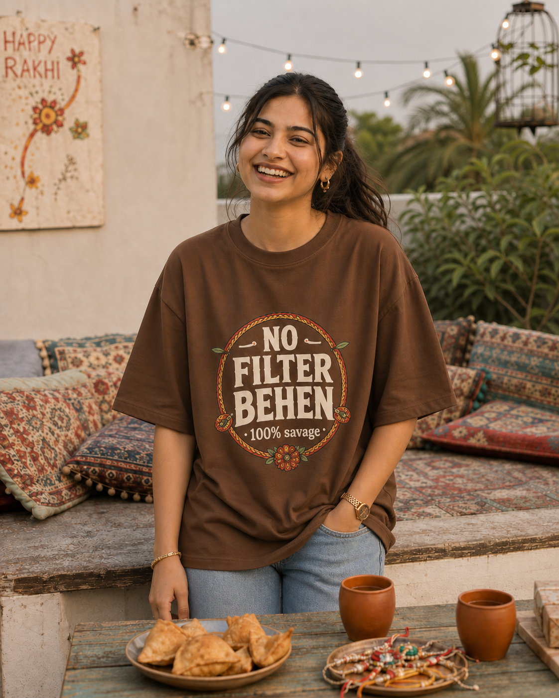 No Filter Bhai / Behen Personalised Unisex T-Shirt - Oversized - Coffee Brown & Off White & White - product gallery