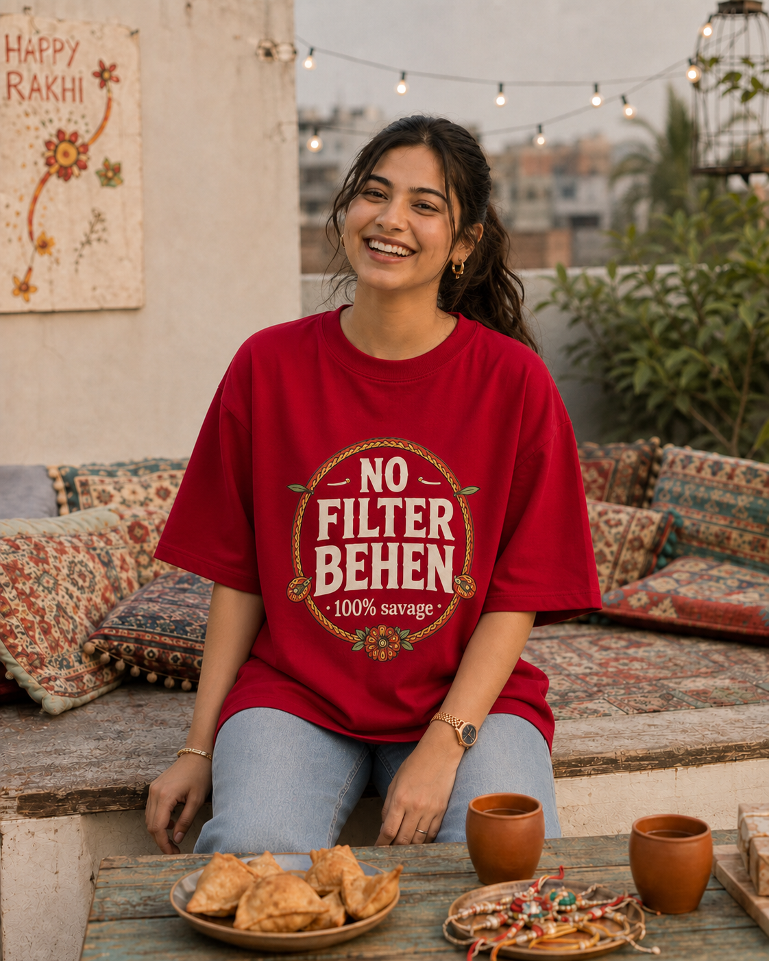 No Filter Bhai / Behen Personalised Unisex T-Shirt - Oversized - Off White & Red & White - product gallery