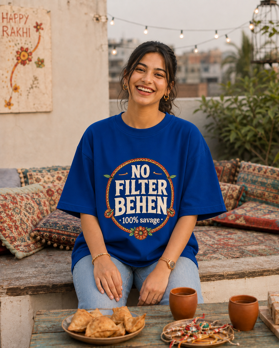 No Filter Bhai / Behen Personalised Unisex T-Shirt - Oversized - Off White & Royal Blue & White & Blue - product gallery