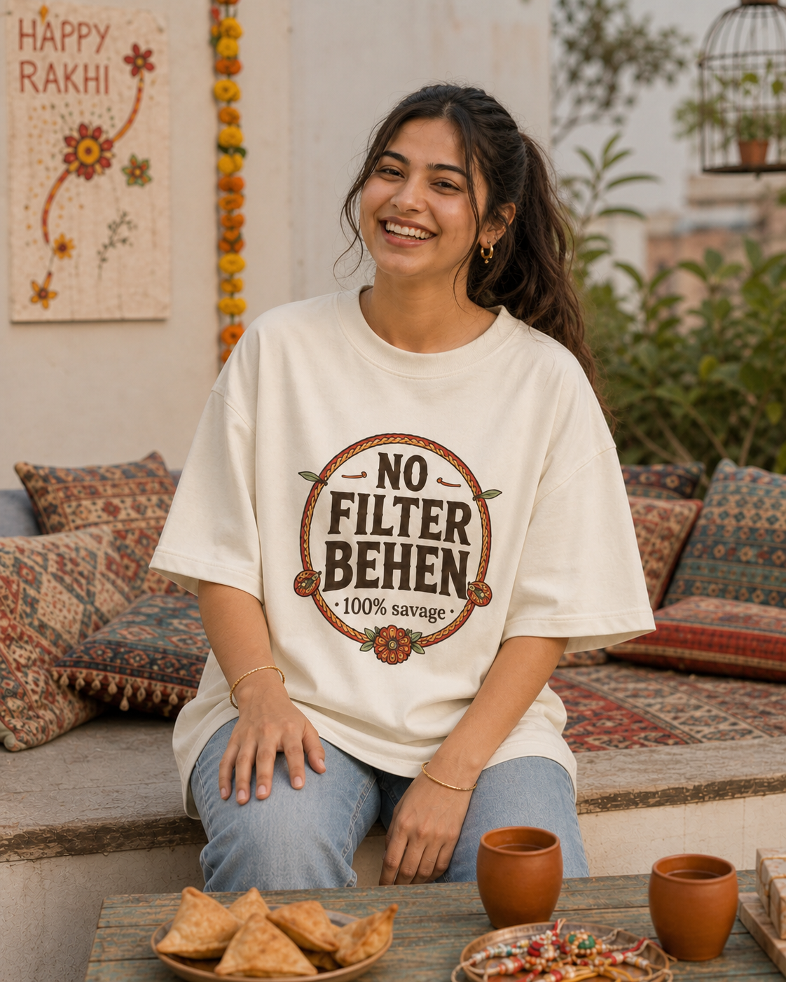 No Filter Bhai / Behen Personalised Unisex T-Shirt - Oversized - Off White & White - product gallery