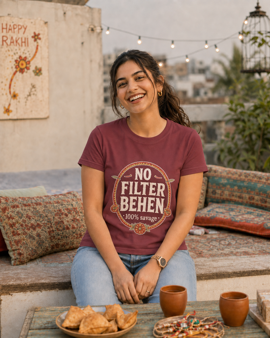 No Filter Bhai / Behen Personalised Unisex T-Shirt - Regular Fit - Maroon - product gallery
