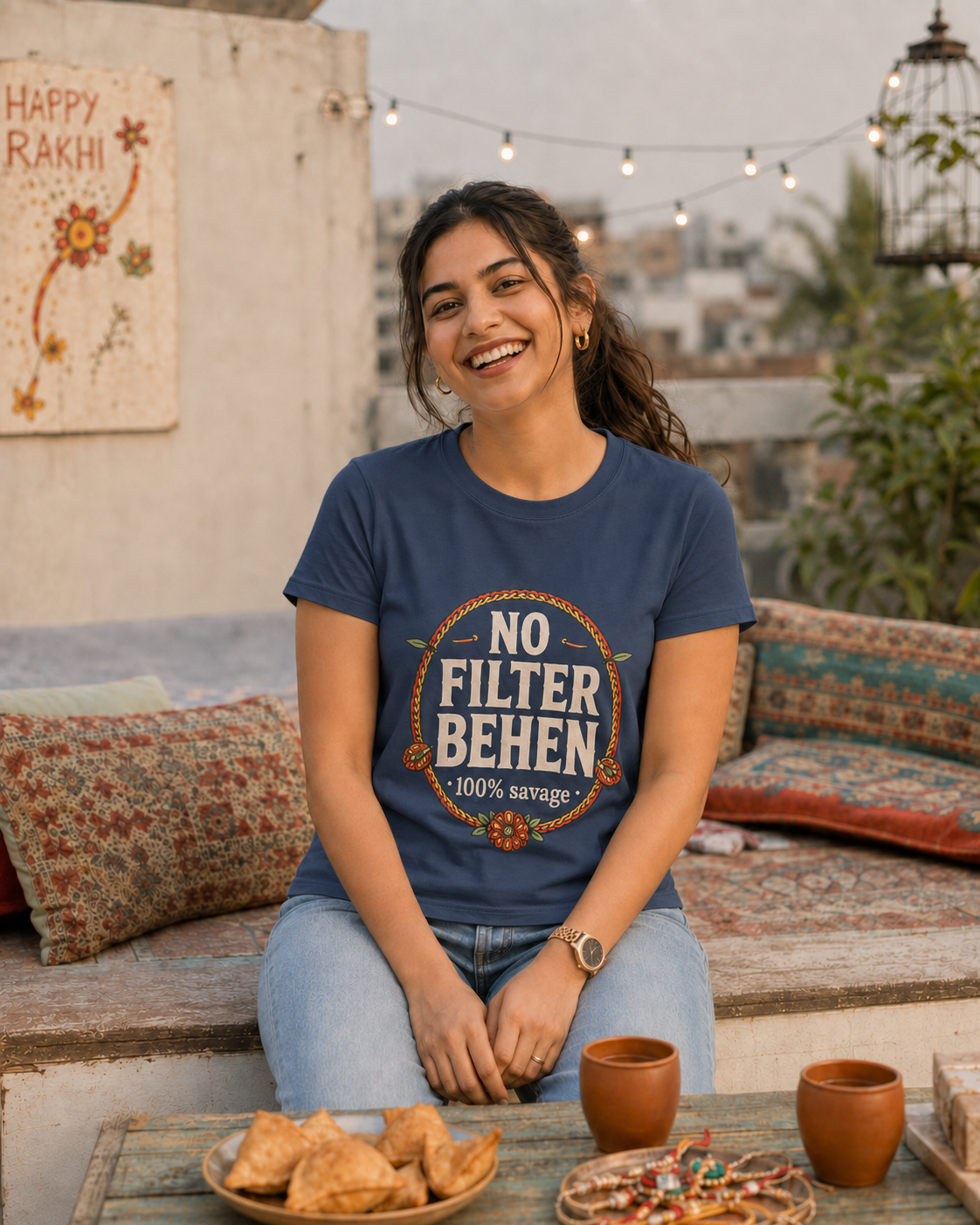 No Filter Bhai / Behen Personalised Unisex T-Shirt - Regular Fit - Navy Blue & Blue - product gallery