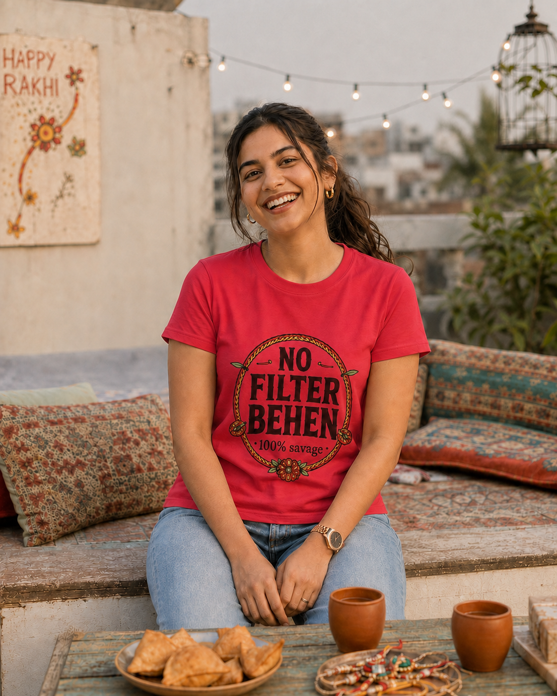No Filter Bhai / Behen Personalised Unisex T-Shirt - Regular Fit - Red - product gallery
