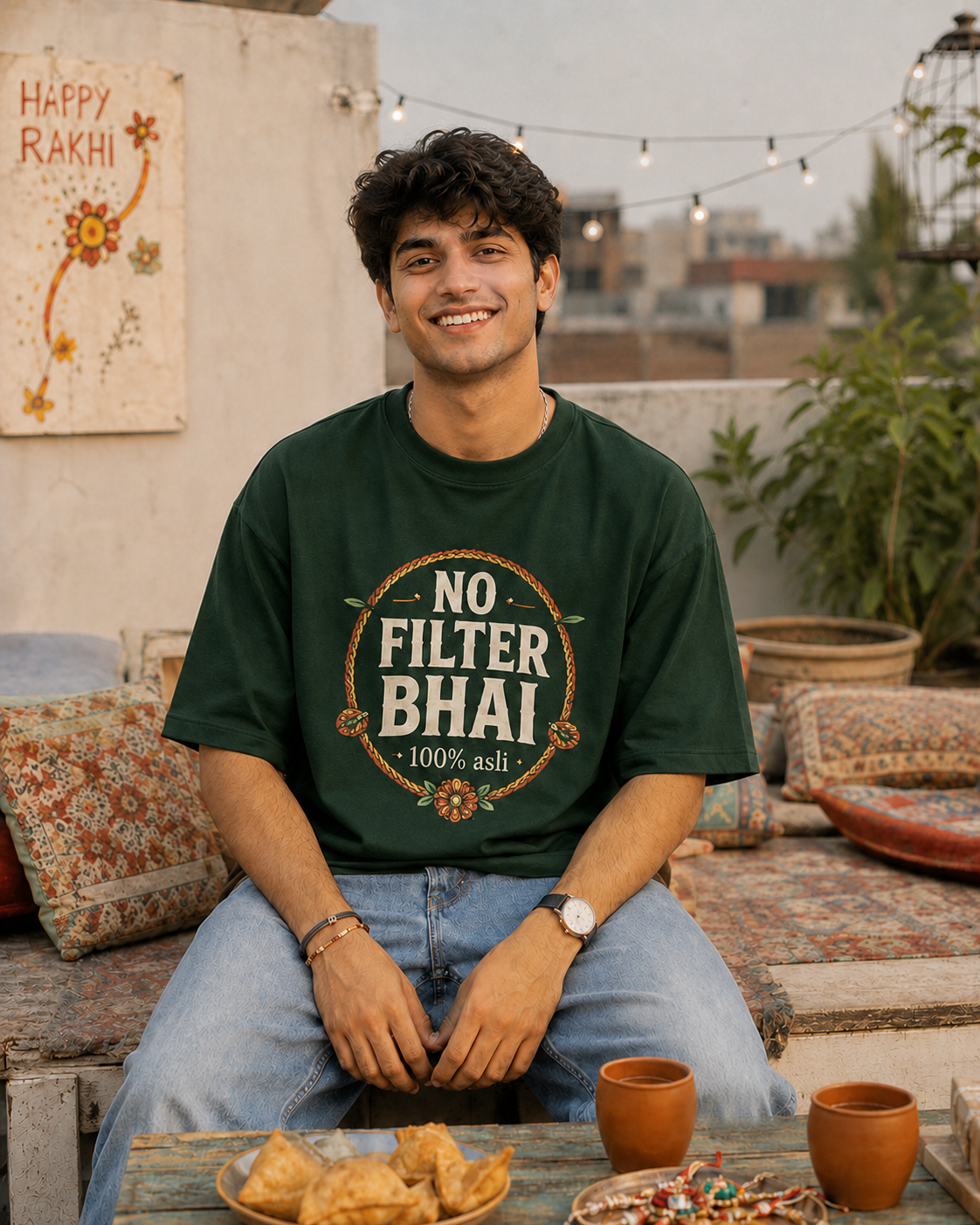No Filter Bhai / Behen Personalised Unisex T-Shirt - Oversized - Bottle Green & Coffee Brown - product gallery