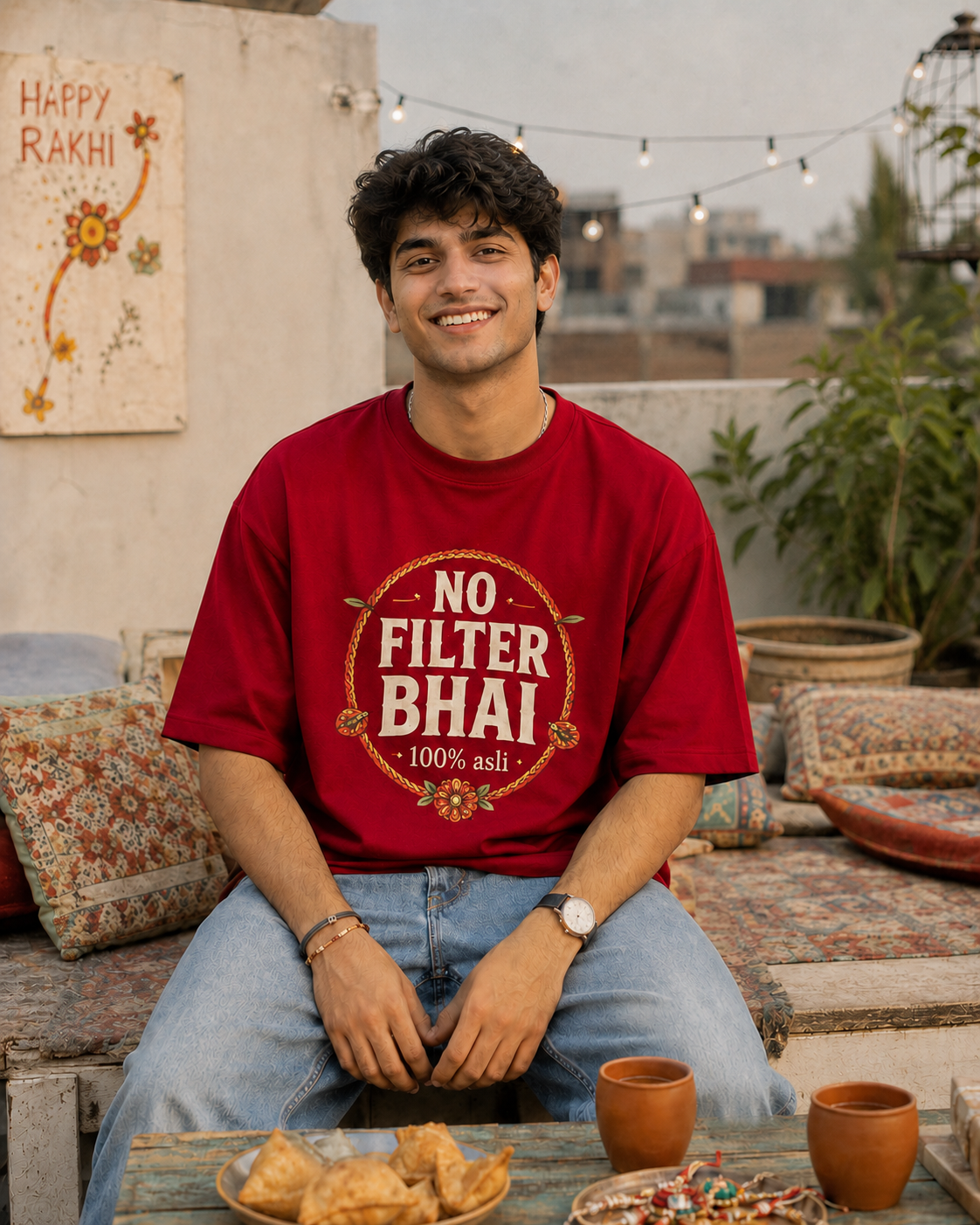 No Filter Bhai / Behen Personalised Unisex T-Shirt - Oversized - Coffee Brown & Red - product gallery