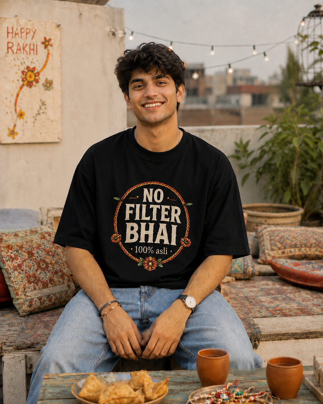 No Filter Bhai / Behen Personalised Unisex T-Shirt - Oversized - Coffee Brown & Black - product gallery