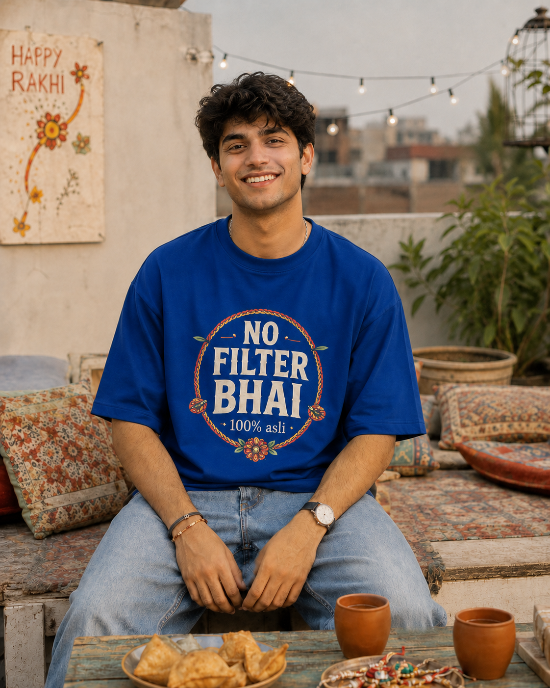 No Filter Bhai / Behen Personalised Unisex T-Shirt - Oversized - Coffee Brown & Royal Blue & Blue - product gallery