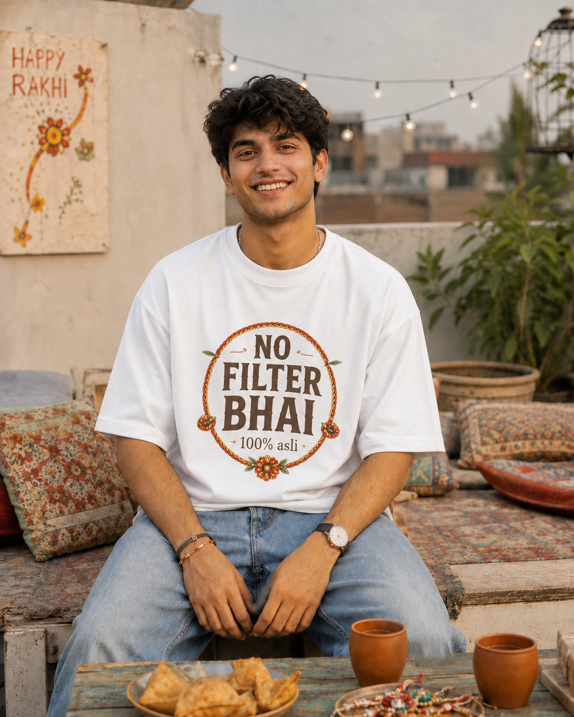 No Filter Bhai / Behen Personalised Unisex T-Shirt - Oversized - Coffee Brown & White - product gallery
