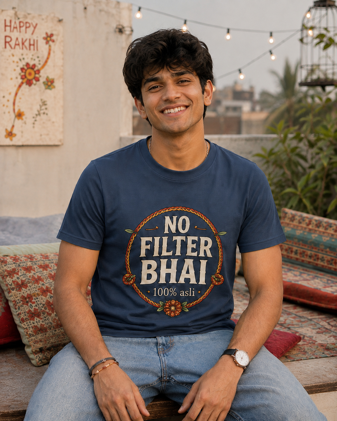 No Filter Bhai / Behen Personalised Unisex T-Shirt - Regular Fit - Navy Blue & Blue - product gallery