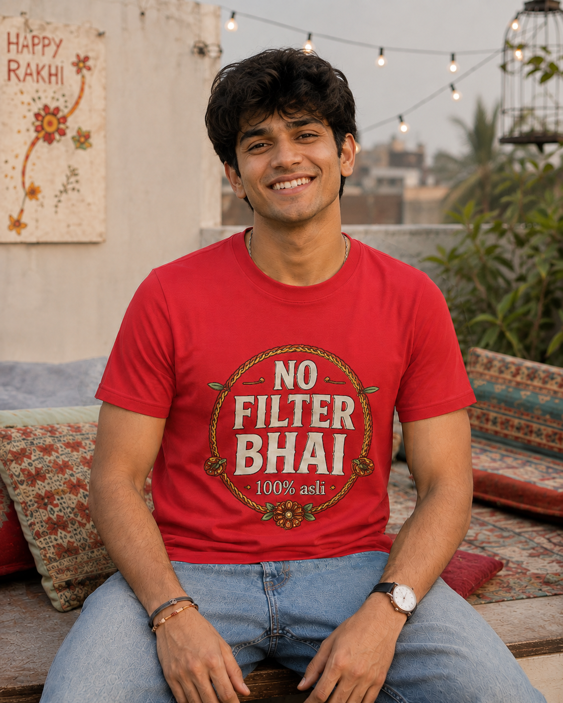 No Filter Bhai / Behen Personalised Unisex T-Shirt - Regular Fit - Red - product gallery
