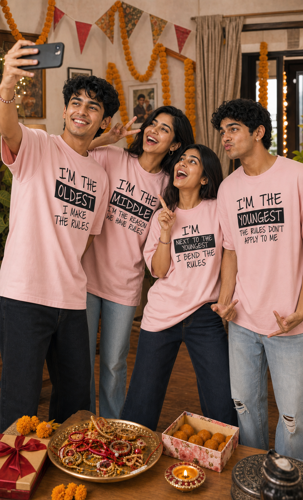 Oldest / Middle / Youngest Sibling Personalised Unisex T-Shirt - Oversized - Baby Pink - featured view