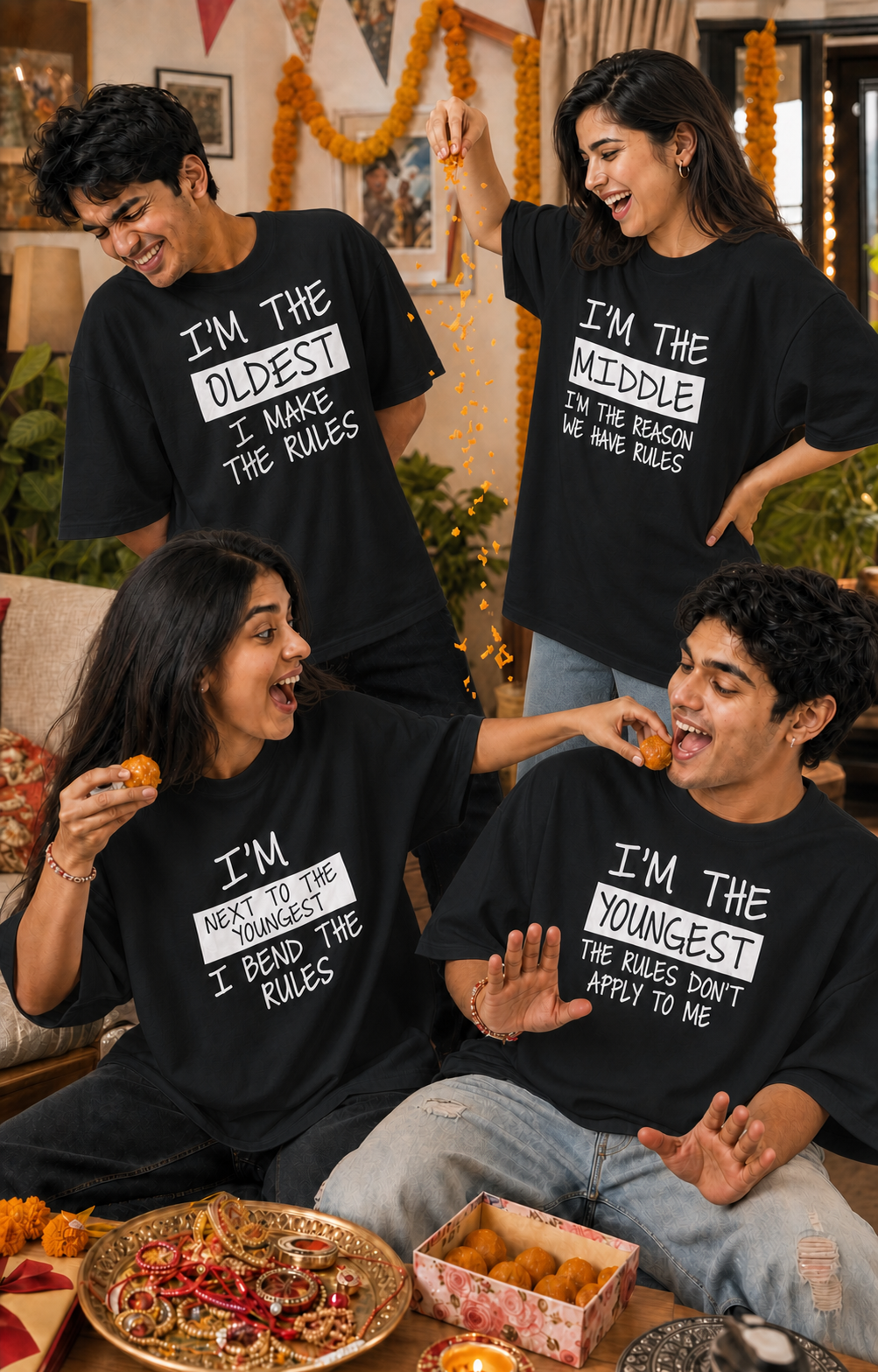 Oldest / Middle / Youngest Sibling Personalised Unisex T-Shirt - Oversized - Black - product gallery