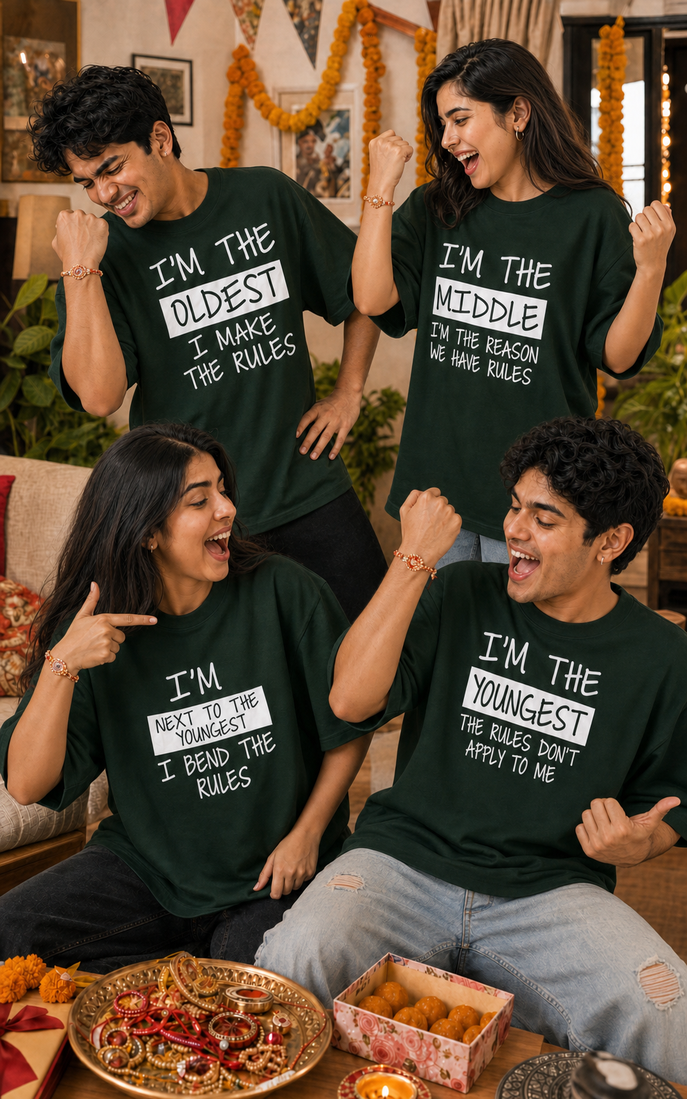 Oldest / Middle / Youngest Sibling Personalised Unisex T-Shirt - Oversized - Bottle Green - product gallery
