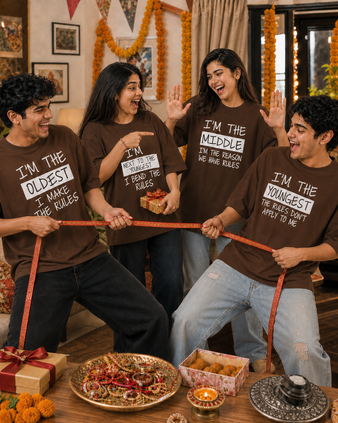 Oldest / Middle / Youngest Sibling Personalised Unisex T-Shirt - Oversized - Coffee Brown - product gallery