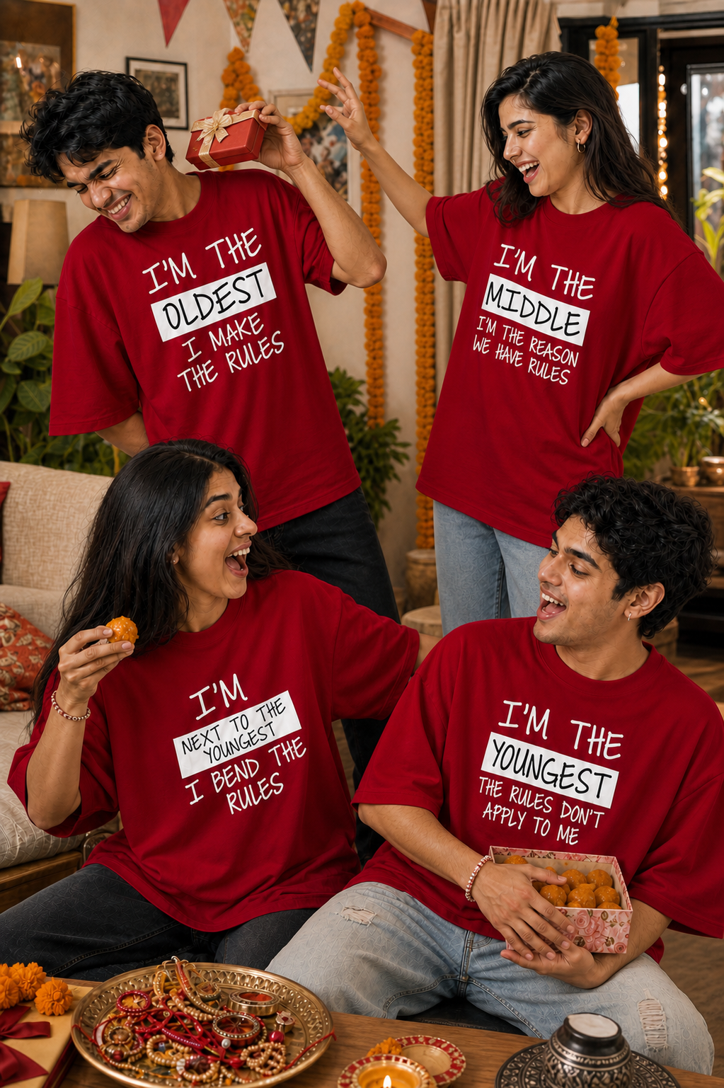 Oldest / Middle / Youngest Sibling Personalised Unisex T-Shirt - Oversized - Red - product gallery