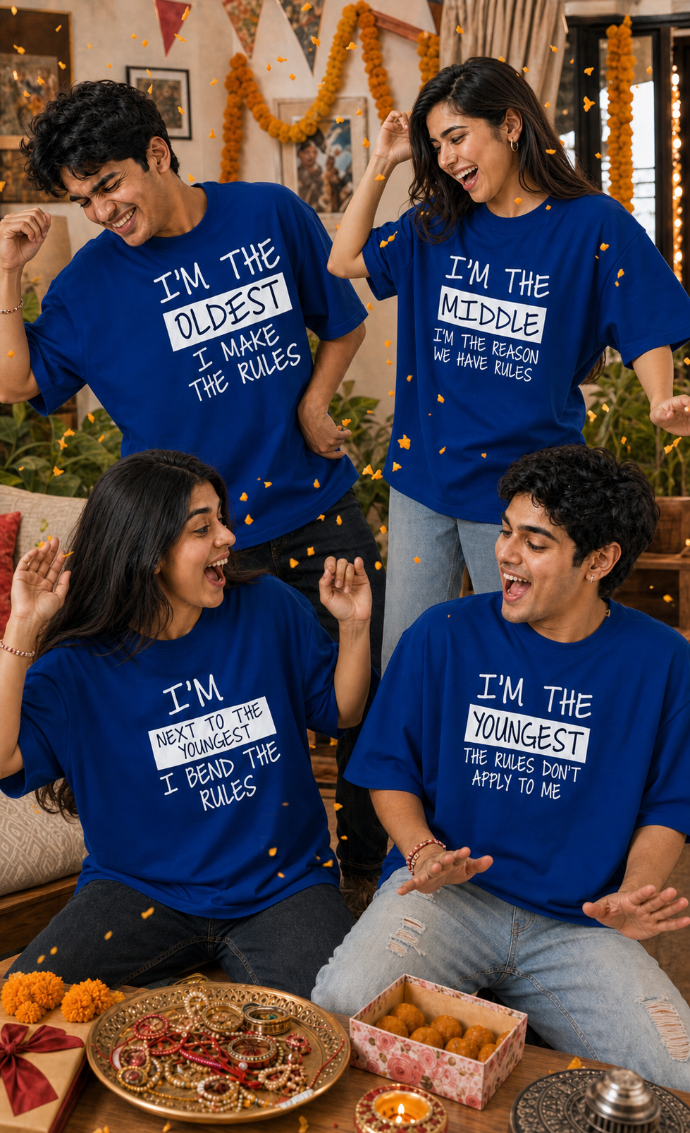 Oldest / Middle / Youngest Sibling Personalised Unisex T-Shirt - Oversized - Royal Blue & Blue - product gallery