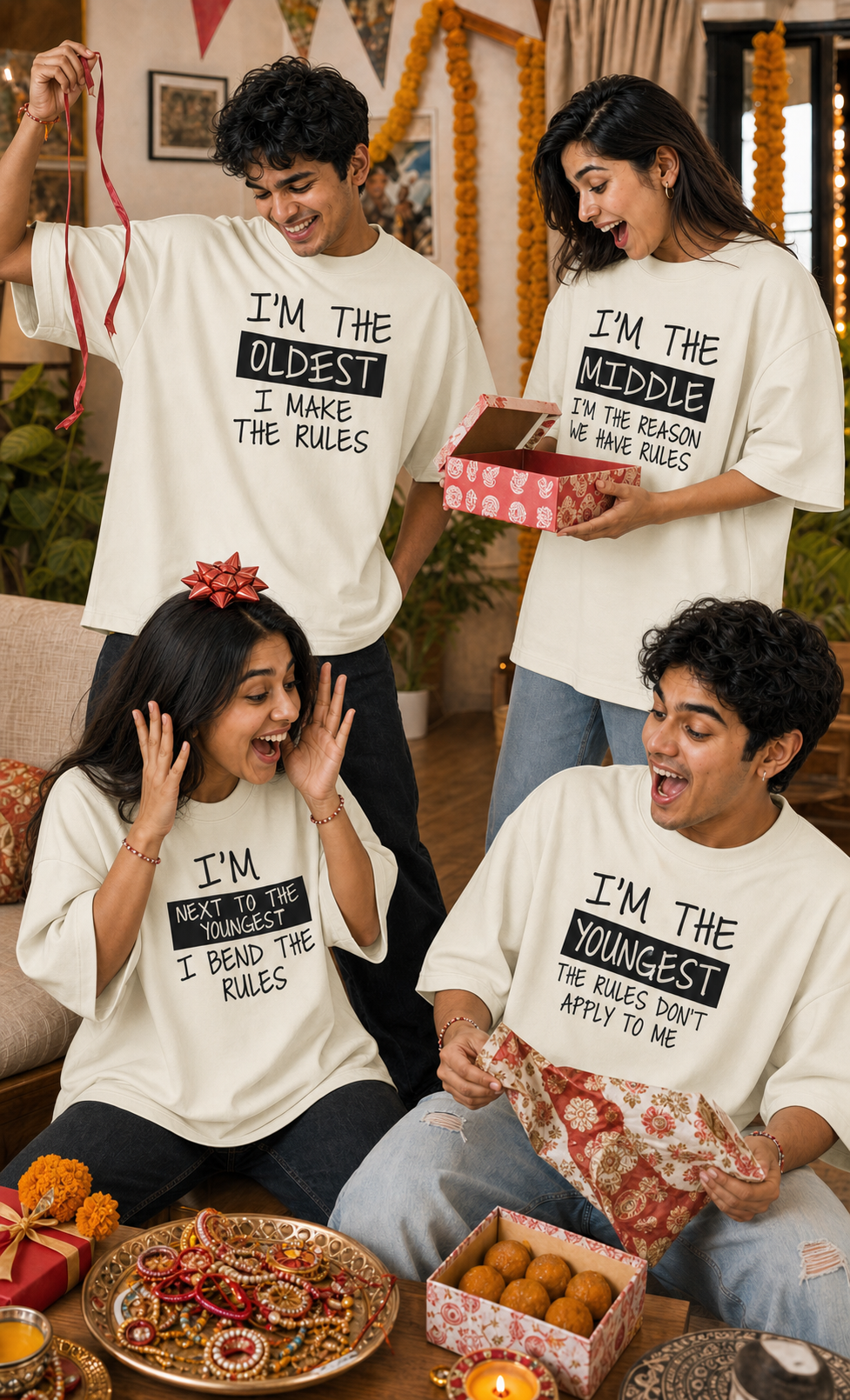 Oldest / Middle / Youngest Sibling Personalised Unisex T-Shirt - Oversized - Off White & White - product gallery