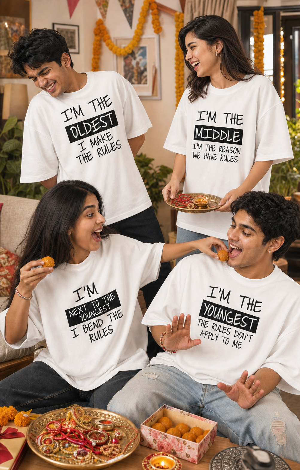Oldest / Middle / Youngest Sibling Personalised Unisex T-Shirt - Oversized - White - product gallery