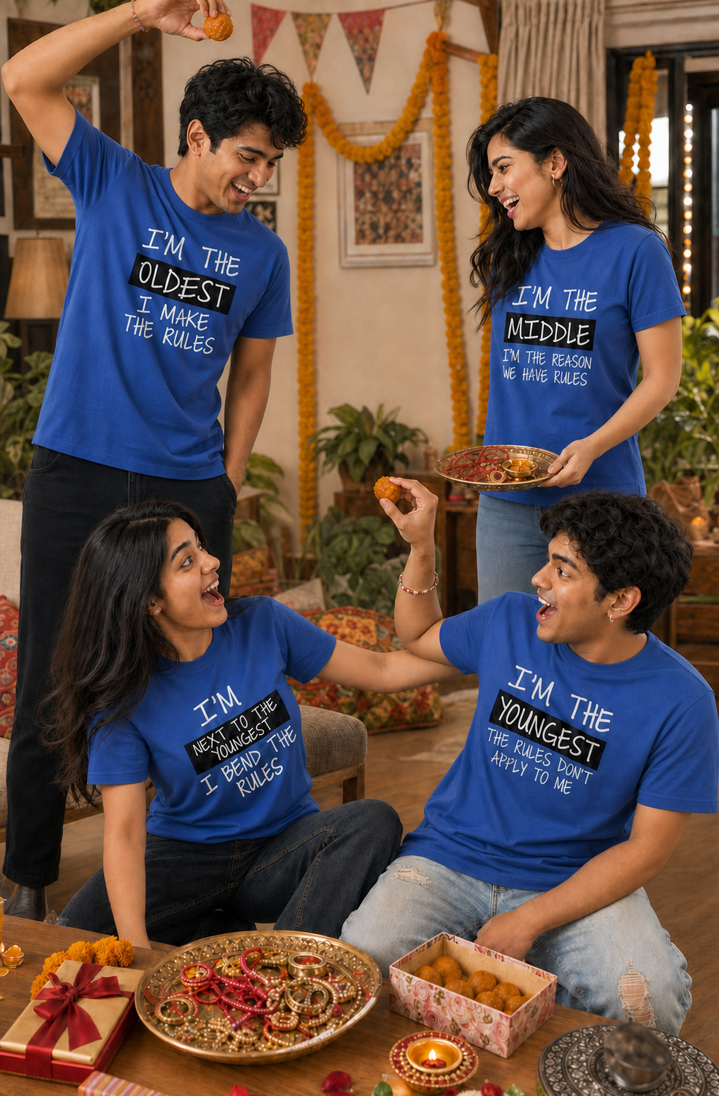 Oldest / Middle / Youngest Sibling Personalised Unisex T-Shirt - Regular Fit - Blue - product gallery