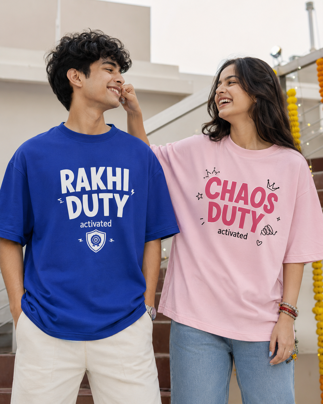 Rakhi Duty / Chaos Duty Personalised Unisex T-Shirt - Oversized - Blue - sibling pair