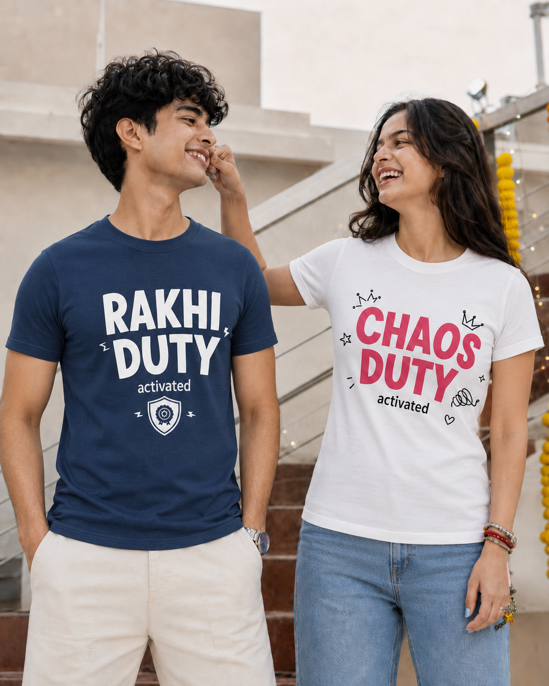 Rakhi Duty / Chaos Duty Personalised Unisex T-Shirt - Regular Fit - Navy Blue & White & Blue - sibling pair