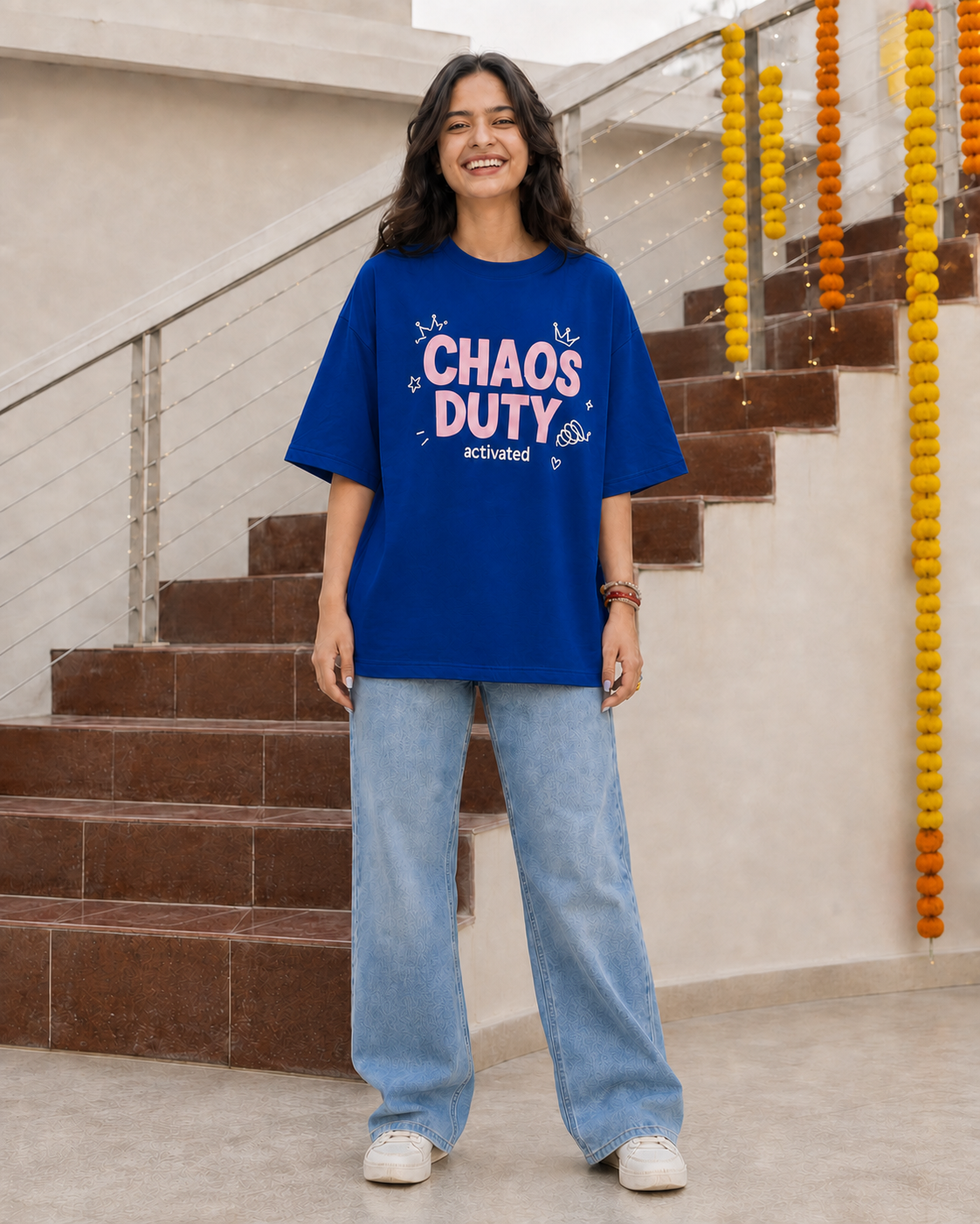 Rakhi Duty / Chaos Duty Personalised Unisex T-Shirt - Oversized - Royal Blue & Blue - product gallery