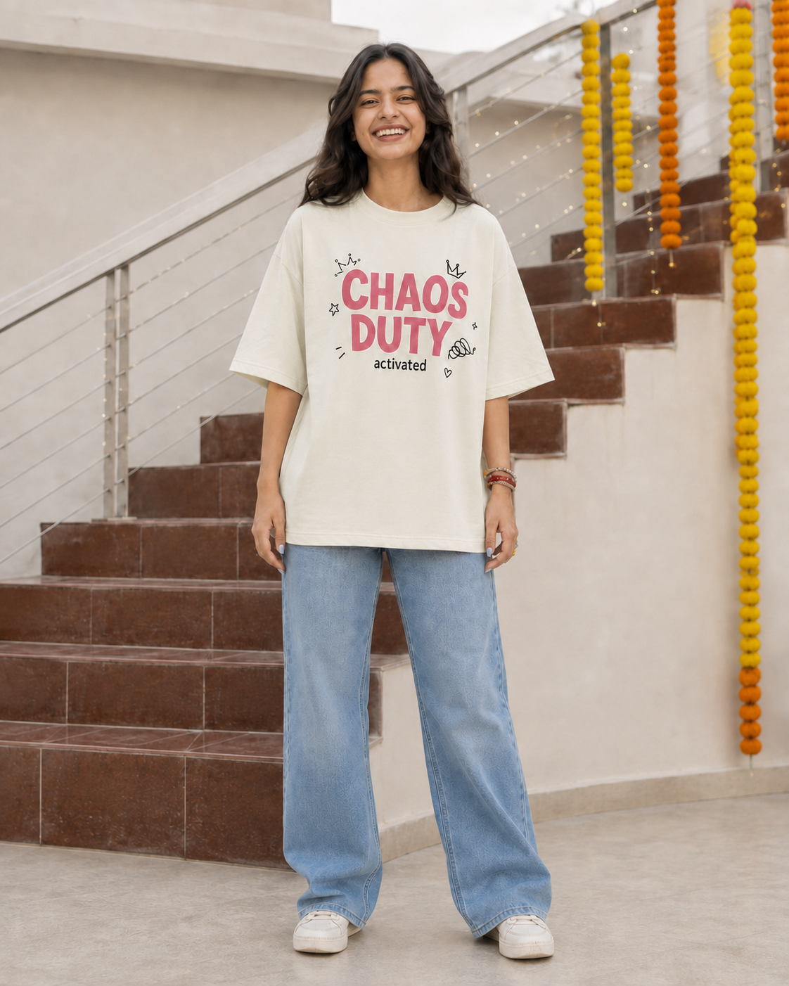 Rakhi Duty / Chaos Duty Personalised Unisex T-Shirt - Oversized - Off White & White - product gallery