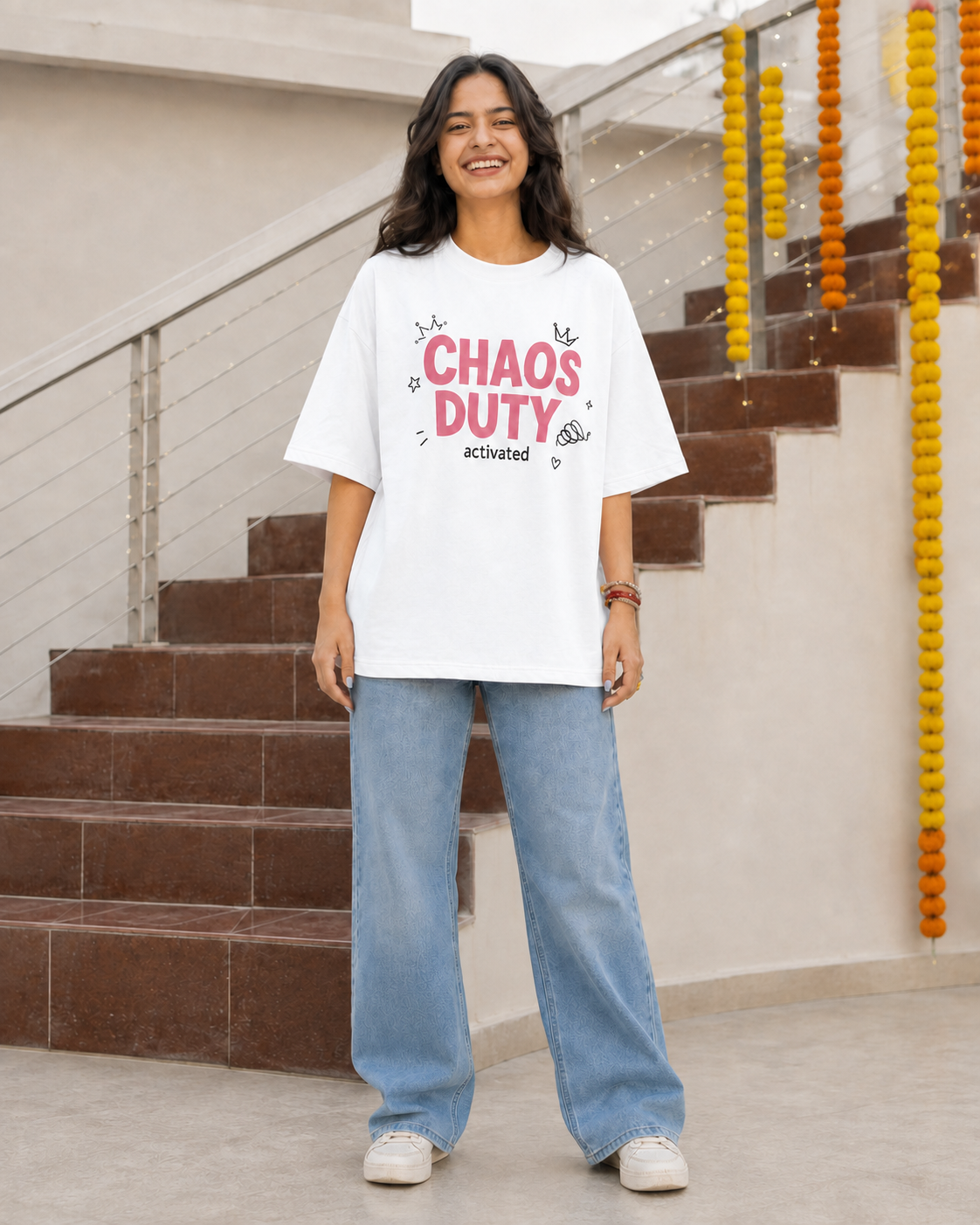 Rakhi Duty / Chaos Duty Personalised Unisex T-Shirt - Oversized - White - product gallery