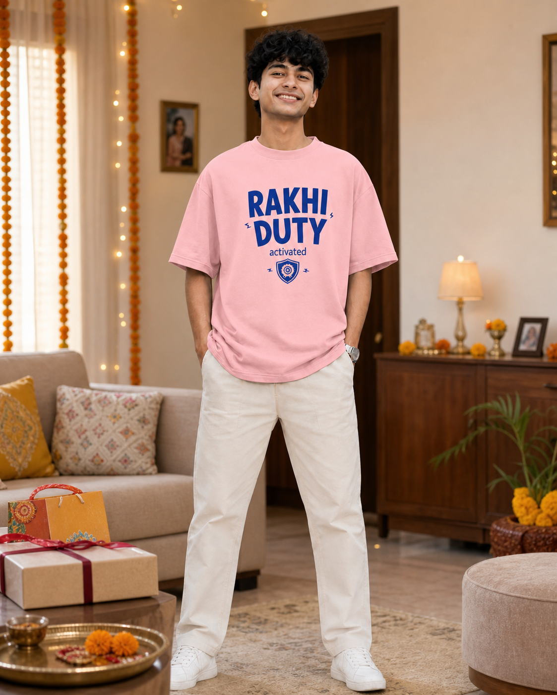 Rakhi Duty / Chaos Duty Personalised Unisex T-Shirt - Oversized - Baby Pink & Royal Blue & Blue - product gallery