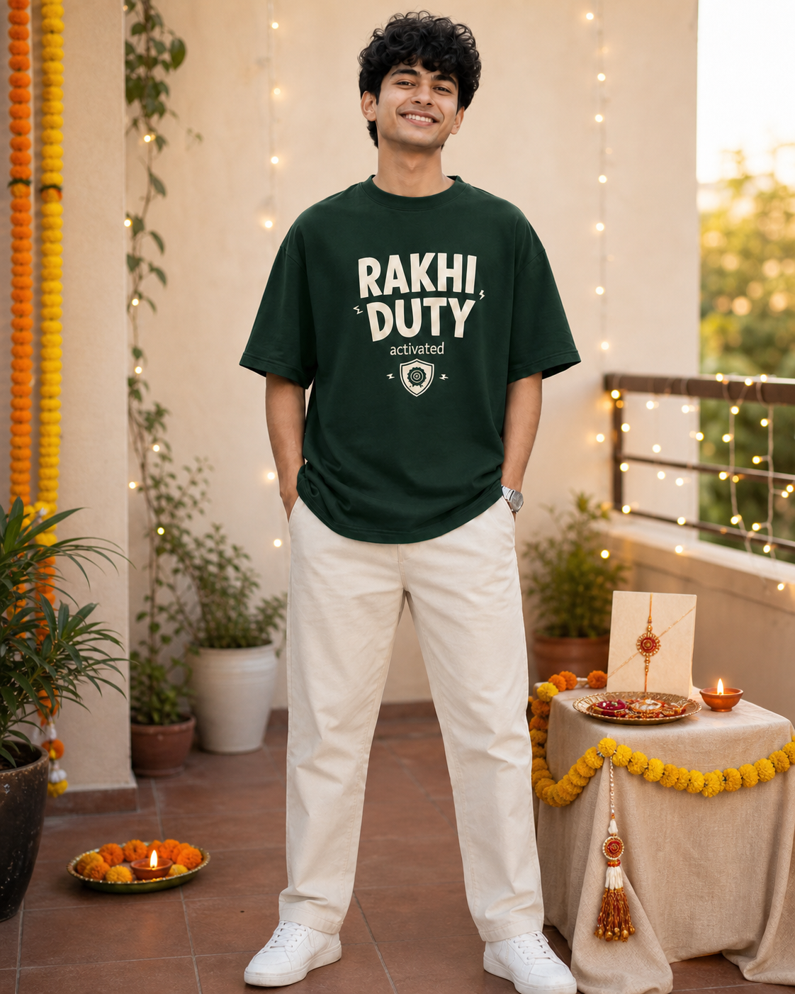 Rakhi Duty / Chaos Duty Personalised Unisex T-Shirt - Oversized - Bottle Green & Royal Blue & Blue - product gallery