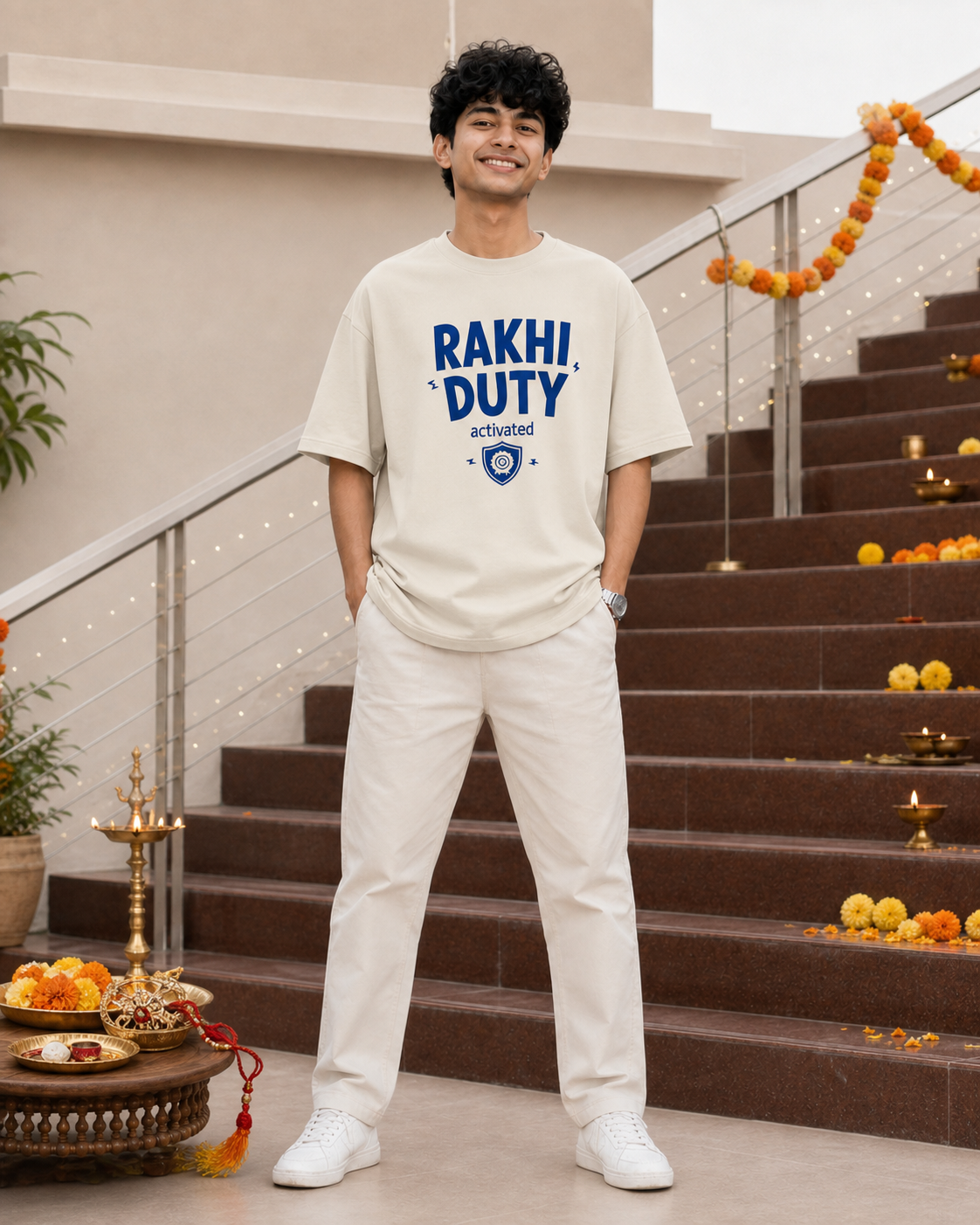 Rakhi Duty / Chaos Duty Personalised Unisex T-Shirt - Oversized - Off White & Royal Blue & White & Blue - product gallery