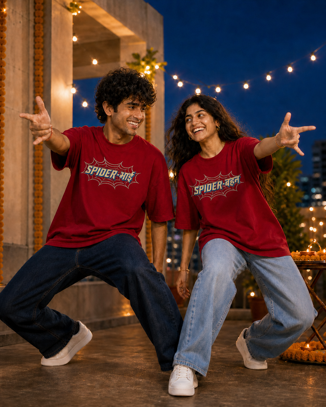Spider Bhai (भाई) / Spider Behen (बहन) - Caught in the Web Personalised Unisex T-Shirt - Oversized - Red - featured view