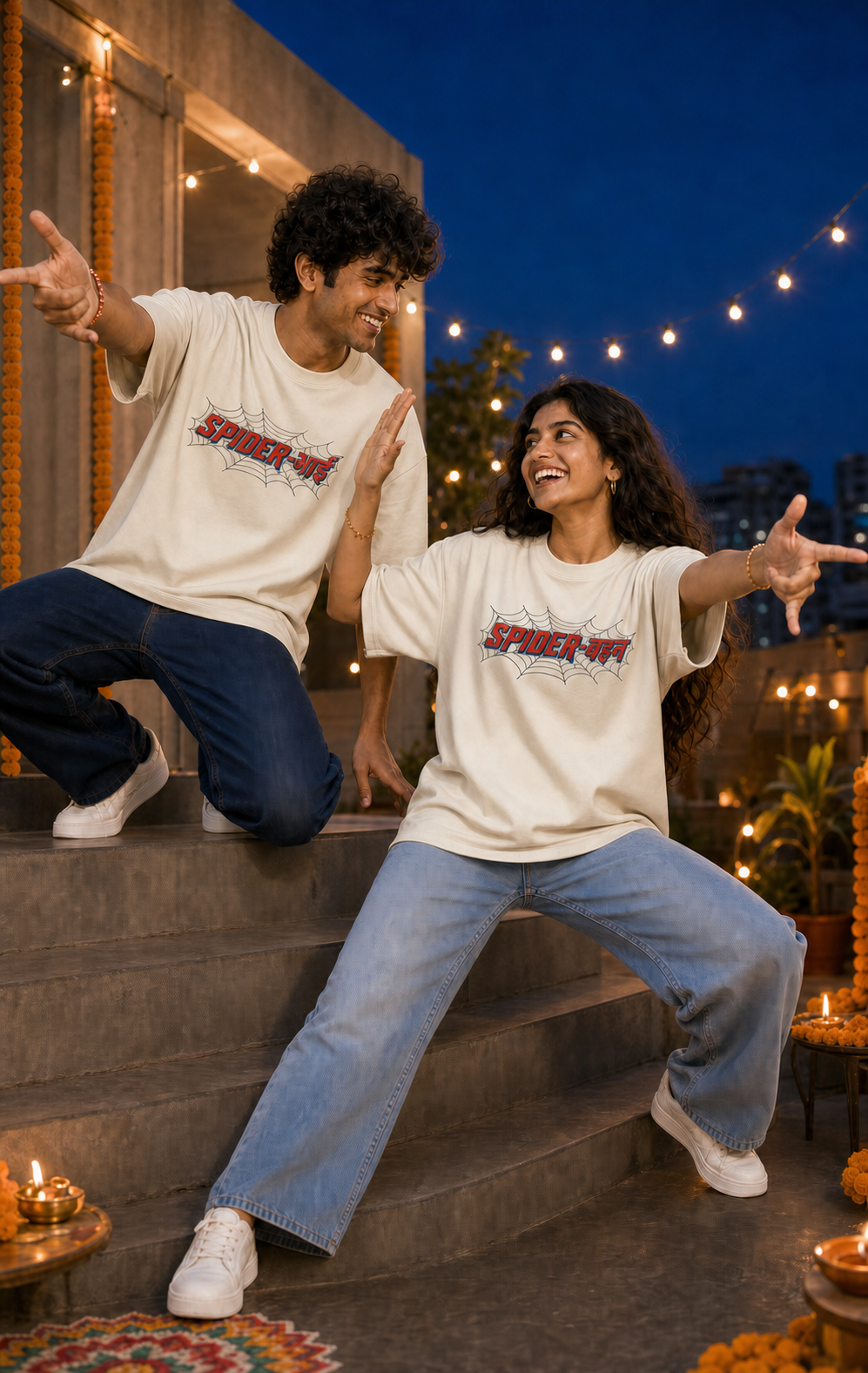 Spider Bhai (भाई) / Spider Behen (बहन) - Caught in the Web Personalised Unisex T-Shirt - Oversized - White - product gallery