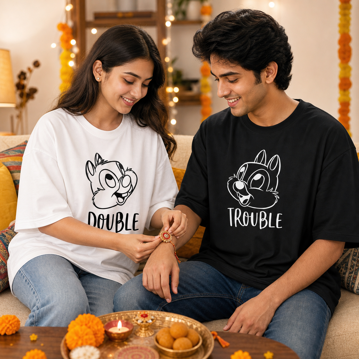 Double Trouble Personalised Unisex T-Shirts - Matching Set - Oversized - White & Black - featured view