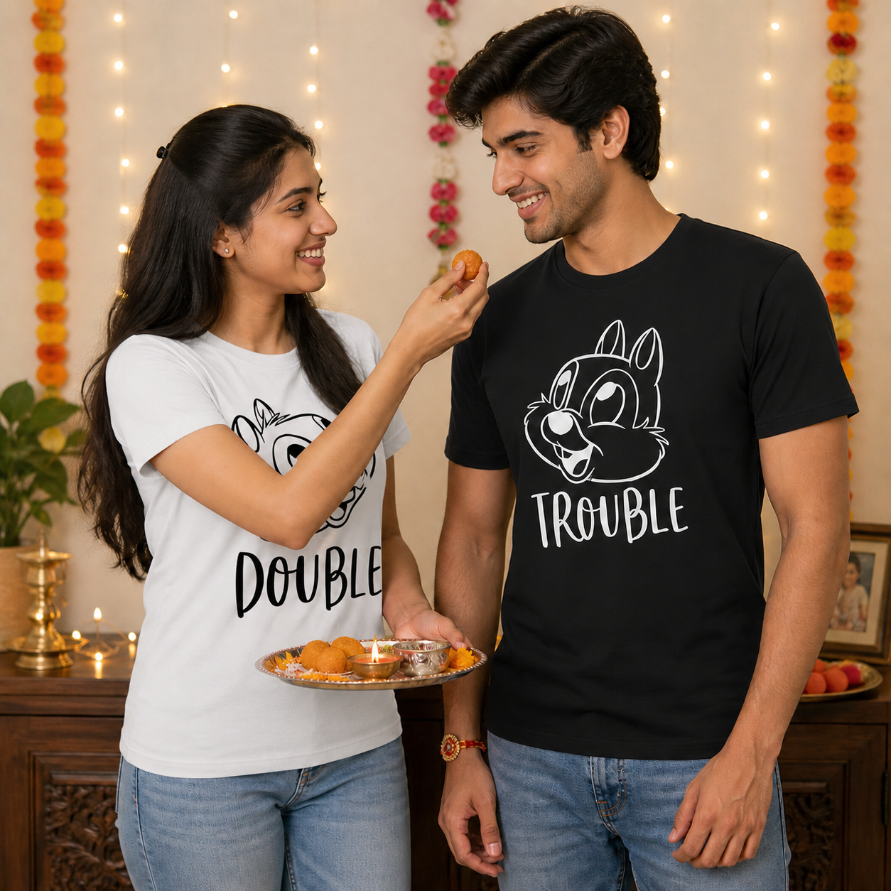 Double Trouble Personalised Unisex T-Shirts - Matching Set - Regular Fit - White & Black - product gallery