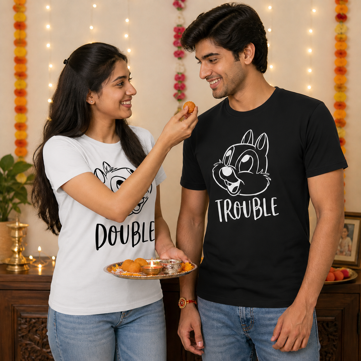 Double Trouble Personalised Unisex T-Shirts - Matching Set - Regular Fit - White & Black - product gallery