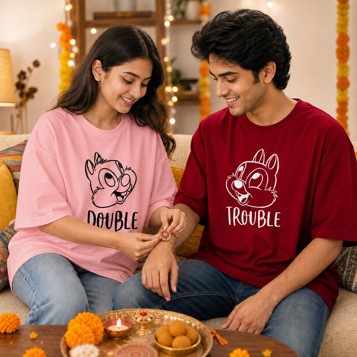 Double Trouble Personalised Unisex T-Shirts - Matching Set - Oversized - Red - product gallery