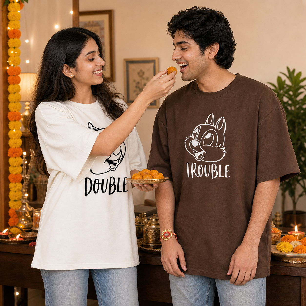 Double Trouble Personalised Unisex T-Shirts - Matching Set - Oversized - White - product gallery