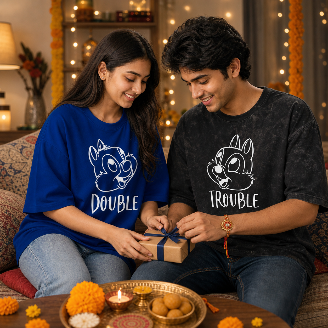 Double Trouble Personalised Unisex T-Shirts - Matching Set - Oversized - Blue - product gallery
